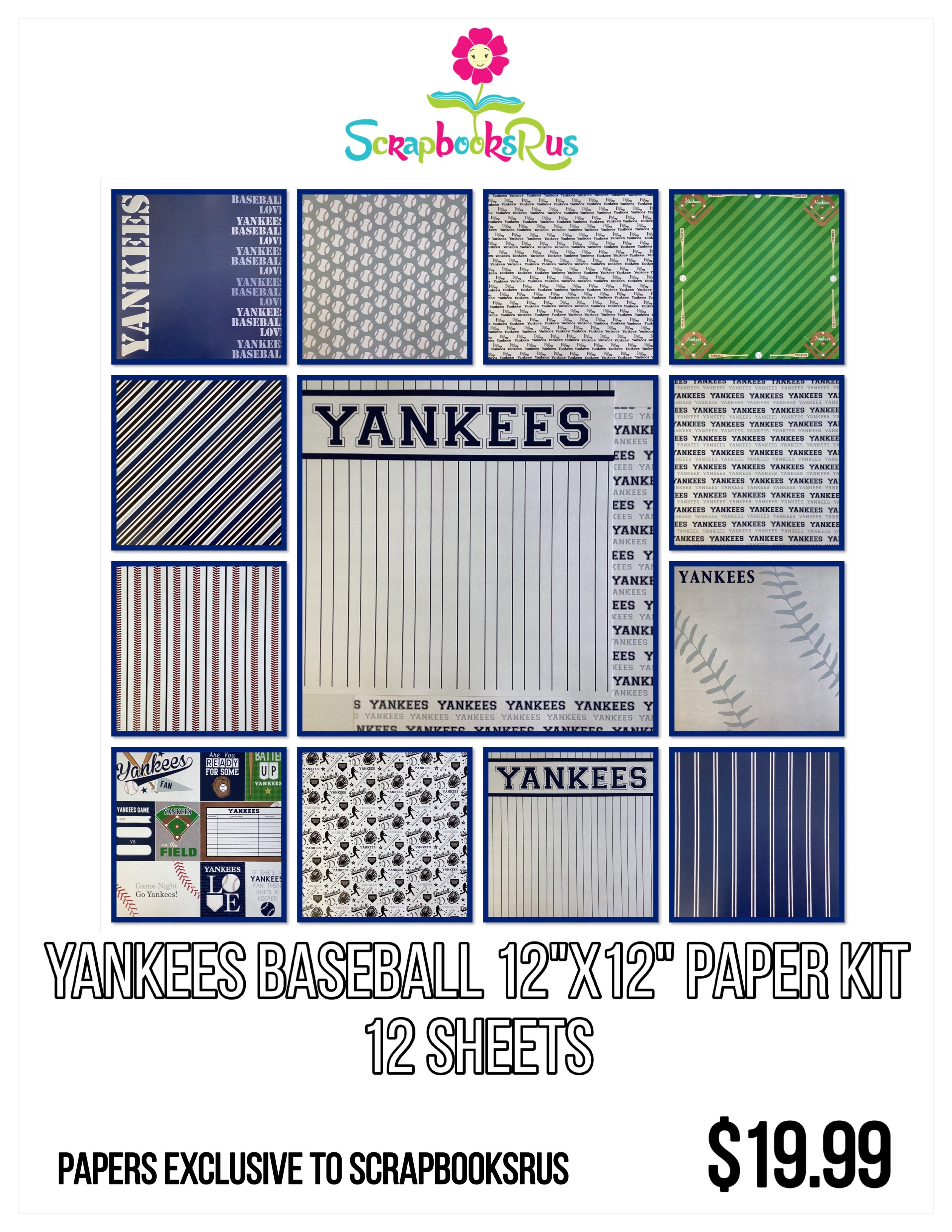 Scrapbooksrus YANKEES BASEBALL 12"X12" Scrapbook Paper Kit 12 Sheets