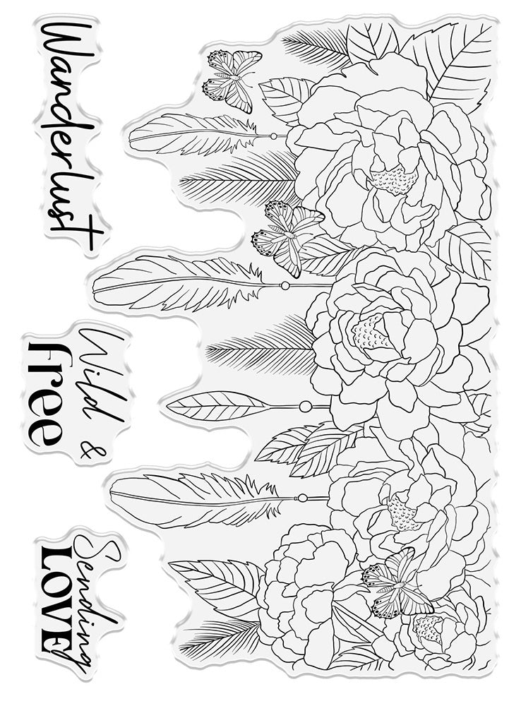 Crafters Companion ENCHANTING FLORAL FEATHER Bohemian Clear Acrylic Stamp Set