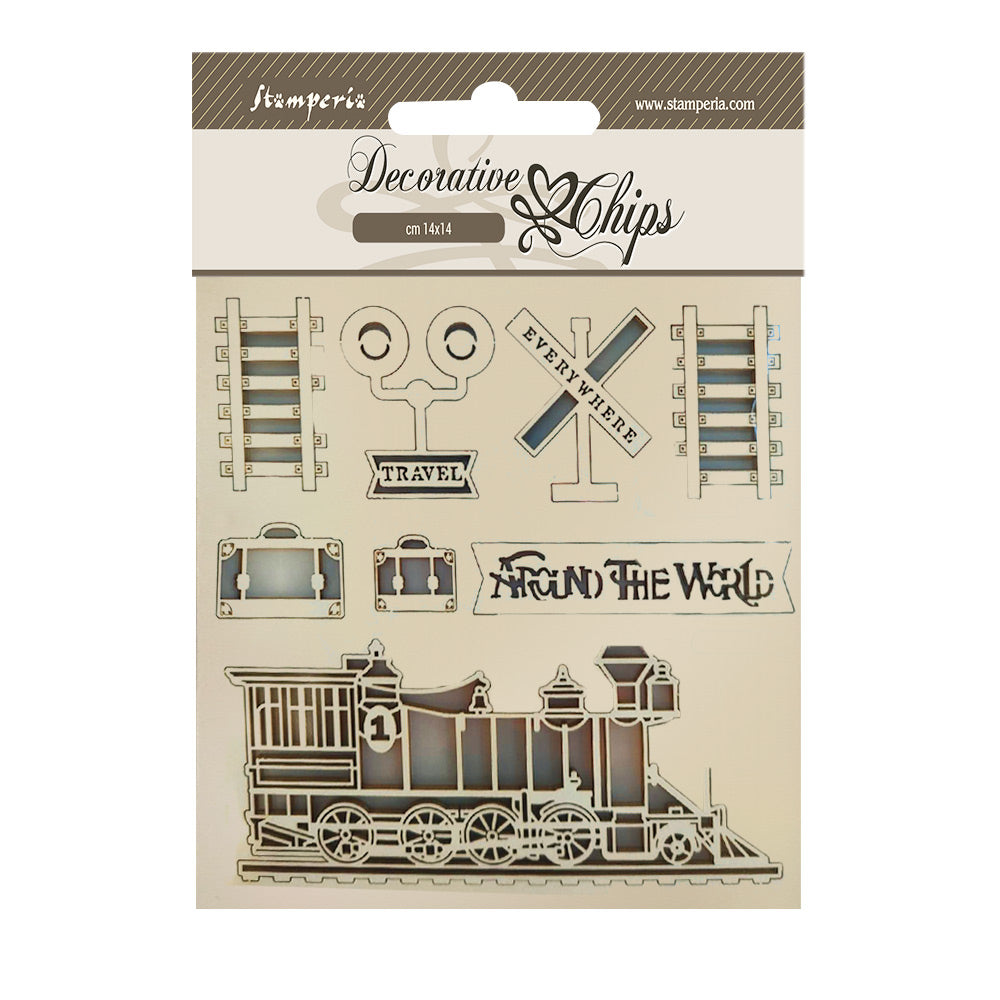 Stamperia Decorative Chips AROUND THE WORLD TRAIN Chipboard 8pc