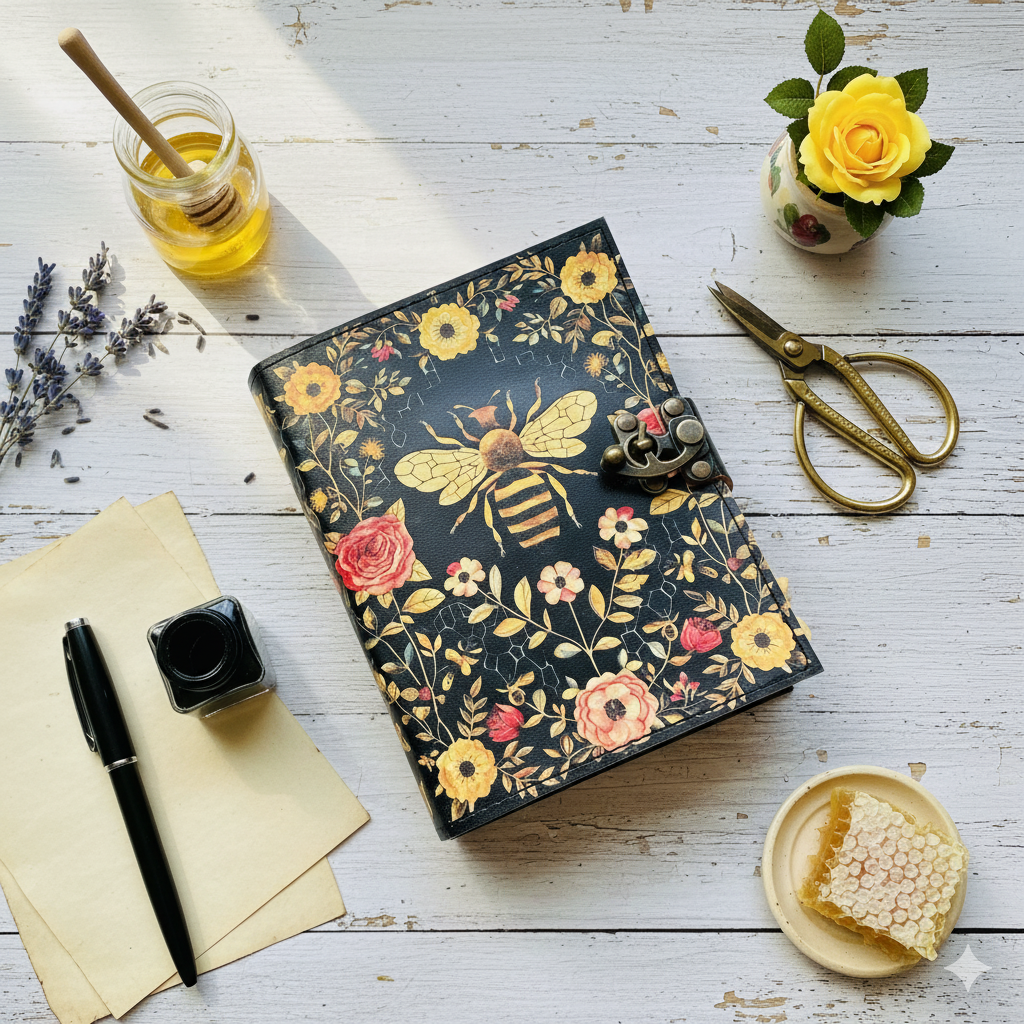 Soft Leather Journal Grimoire APIARY GODDESS BEE Blank A7 200pg