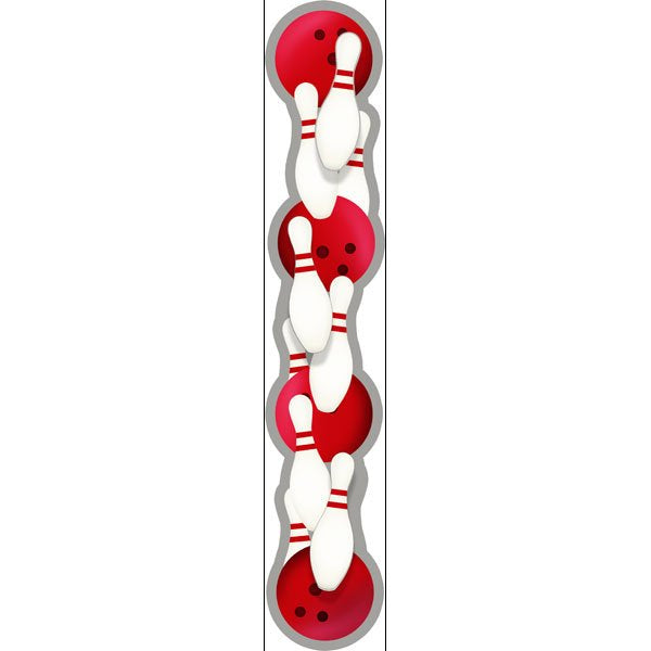 Red bowling ball with white pins on a white background