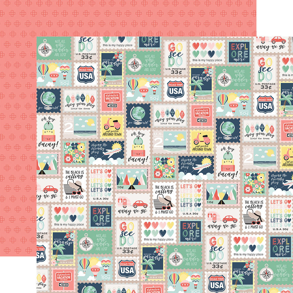 Echo Park Away We Go DESTINATION STAMPS 12"X12" Scrapbook Paper