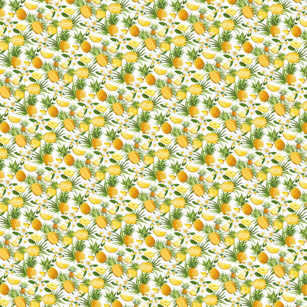 Pattern of yellow pineapples and green leaves on a white background