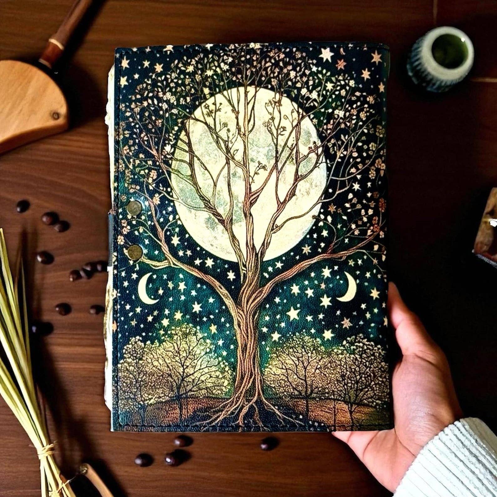 Soft Leather Journal Grimoire TREE OF LIFE Blank Lock A7
