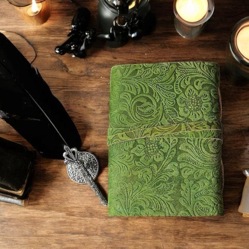 Soft Leather EMBOSSED GREEN FLORAL Floral Vintage Blank A7