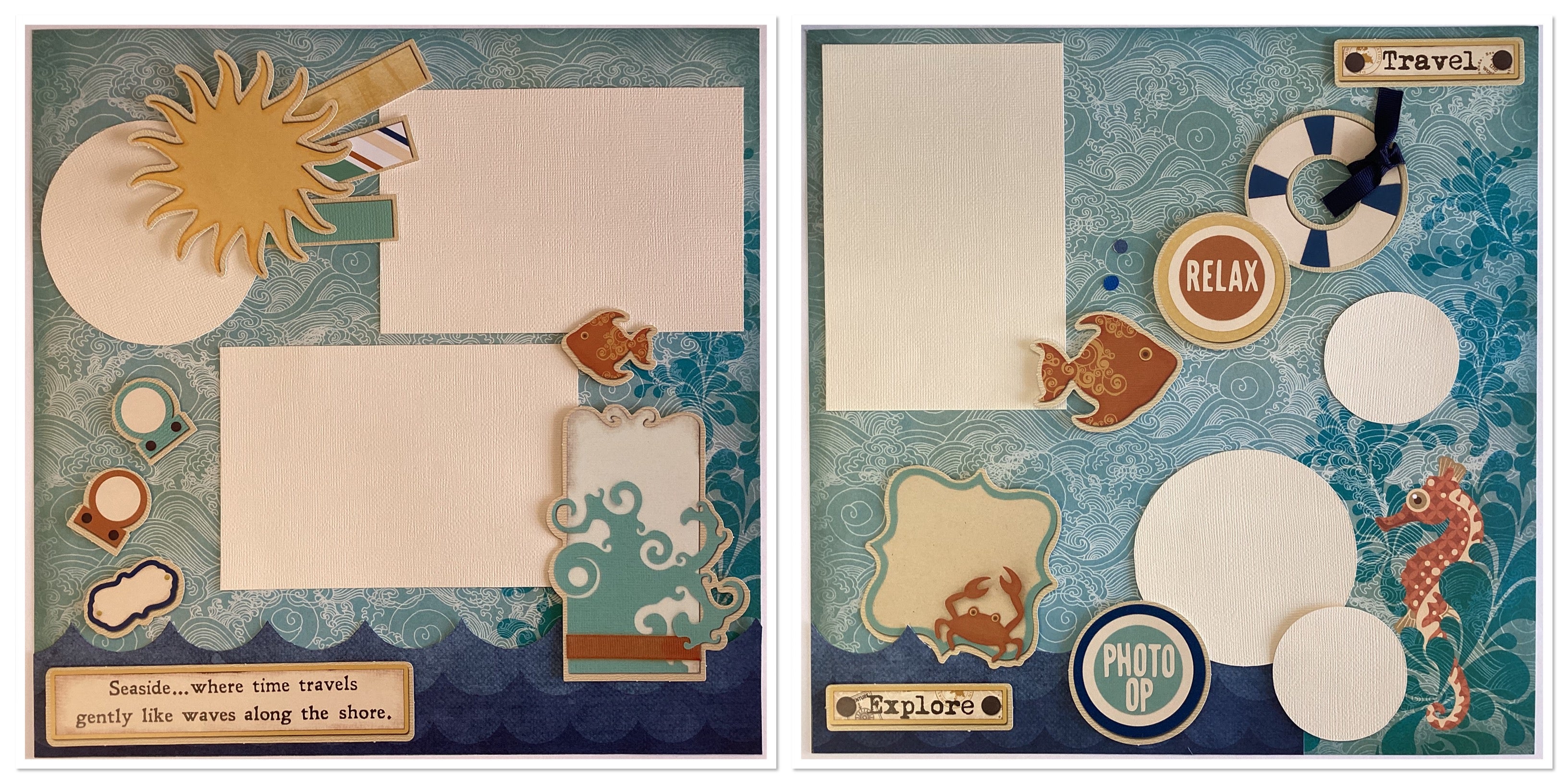 Premade SEASIDE EXPLORE (2) 12”X12” Scrapbook Pages