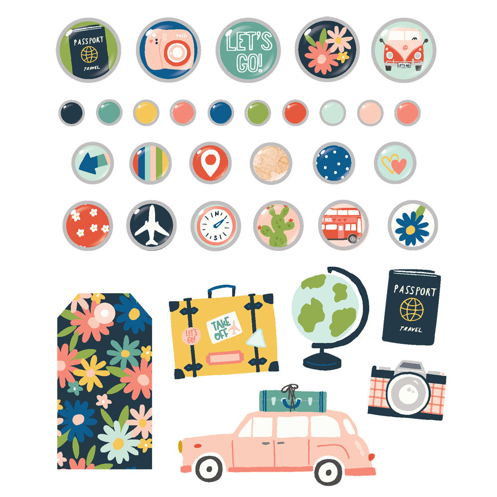 Simple Stories PACK YOUR BAGS DECORATIVE BRADS 33pc