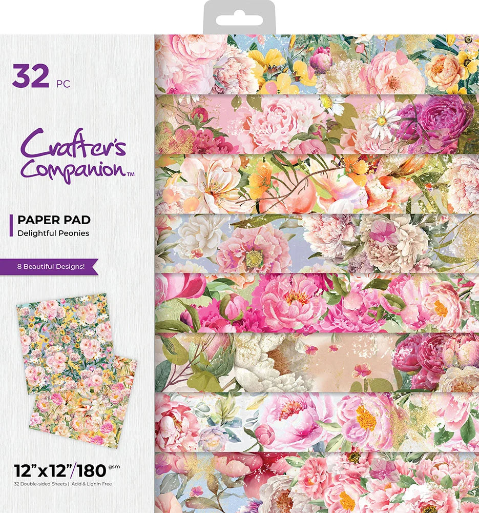 Crafters Companion DELIGHTFUL PEONIES 12X12 Paper Pad 32pc