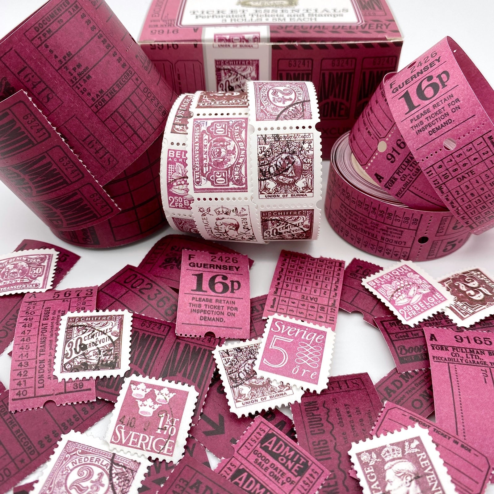 49 and Market Vintage Bits TICKET ESSENTIALS PLUM Perforated Tickets & Stamps 3 Rolls @Scrapbooksrus
