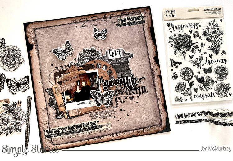 Collection of decorative stamps with butterflies, flowers, and text on a textured background.
