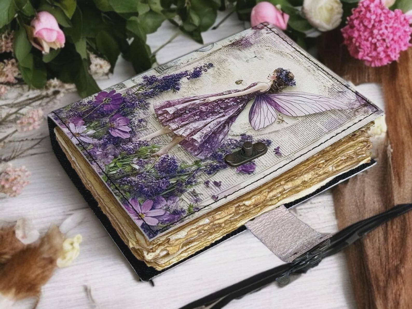 Soft Leather Journal Grimoire LAVENDER FAIRY Blank Lock A7