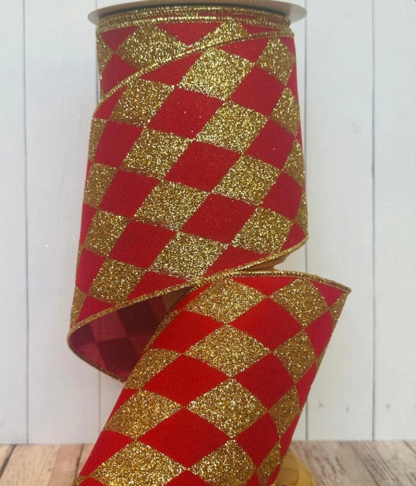 Holiday Bow-Tique RED GOLD HARLEQUIN ROLL Wire Edge Ribbon 30ft