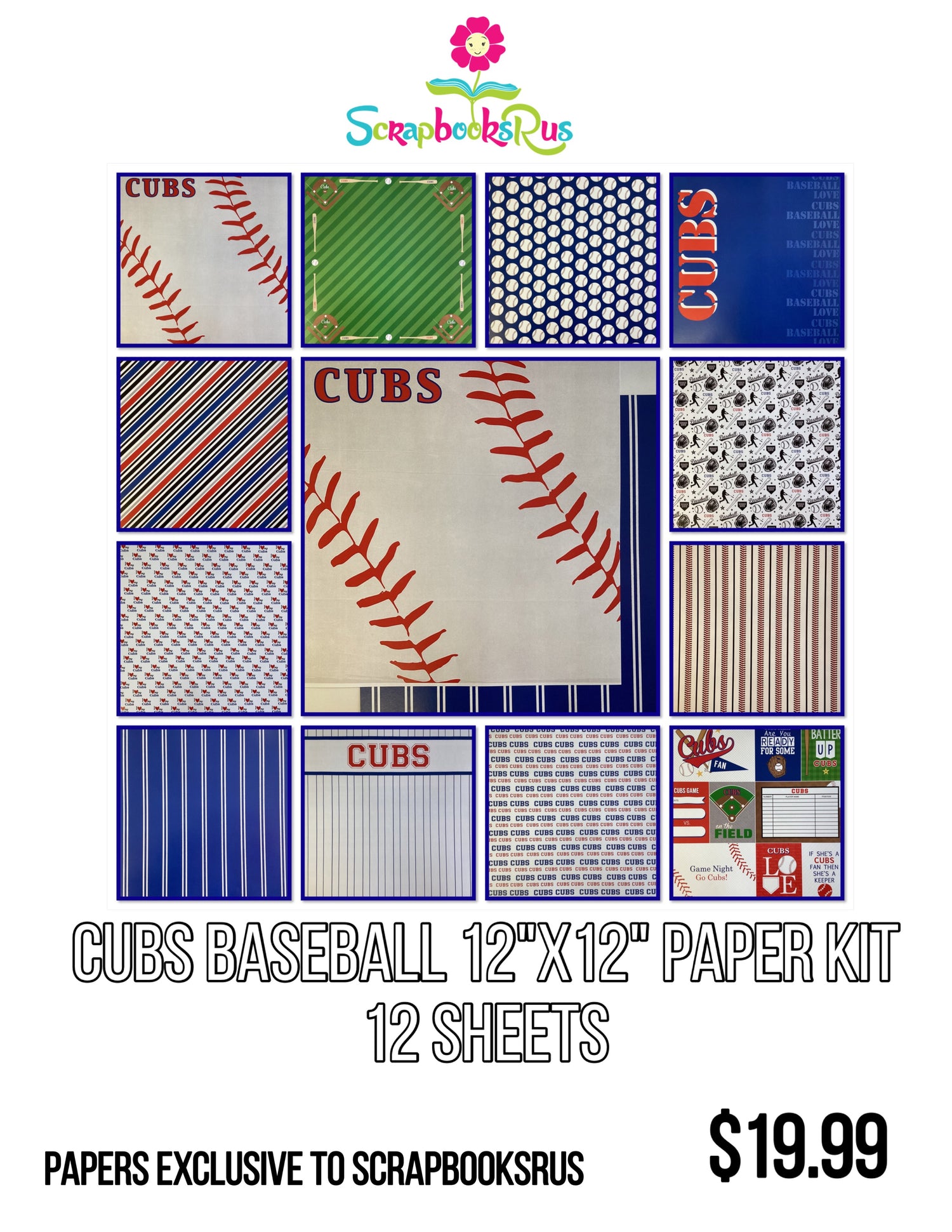 Scrapbooksrus CUBS BASEBALL 12"X12" Scrapbook Paper Kit 12 Sheets