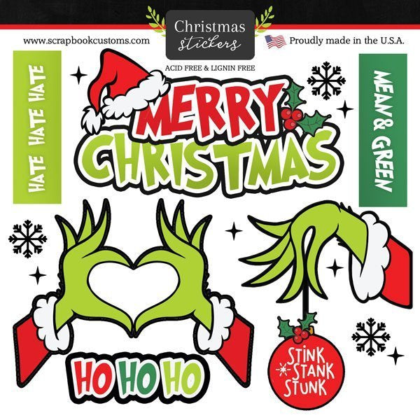 Christmas-themed stickers with Grinch designs and text on a white background