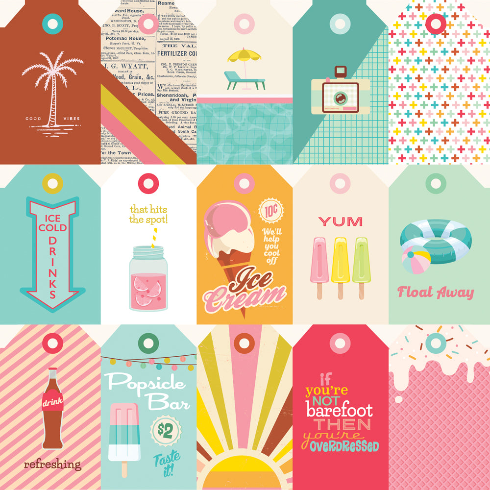 Simple Stories Retro Summer TAG ELEMENTS 12”X12” Scrapbook Paper