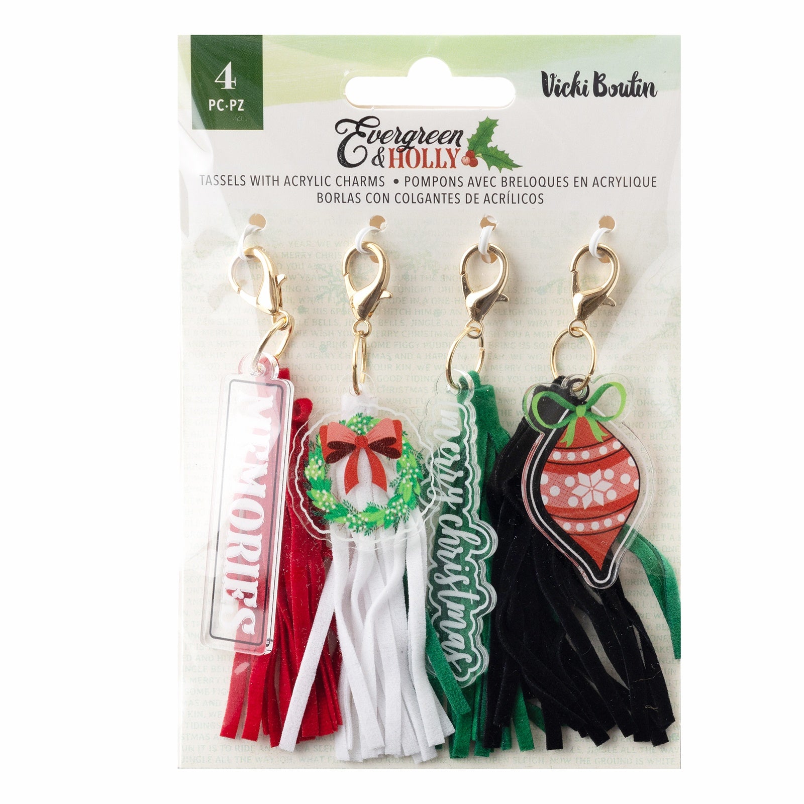 Vicki Boutin EVERGREEN & HOLLY Tassels With Acrylic Charms 4pc