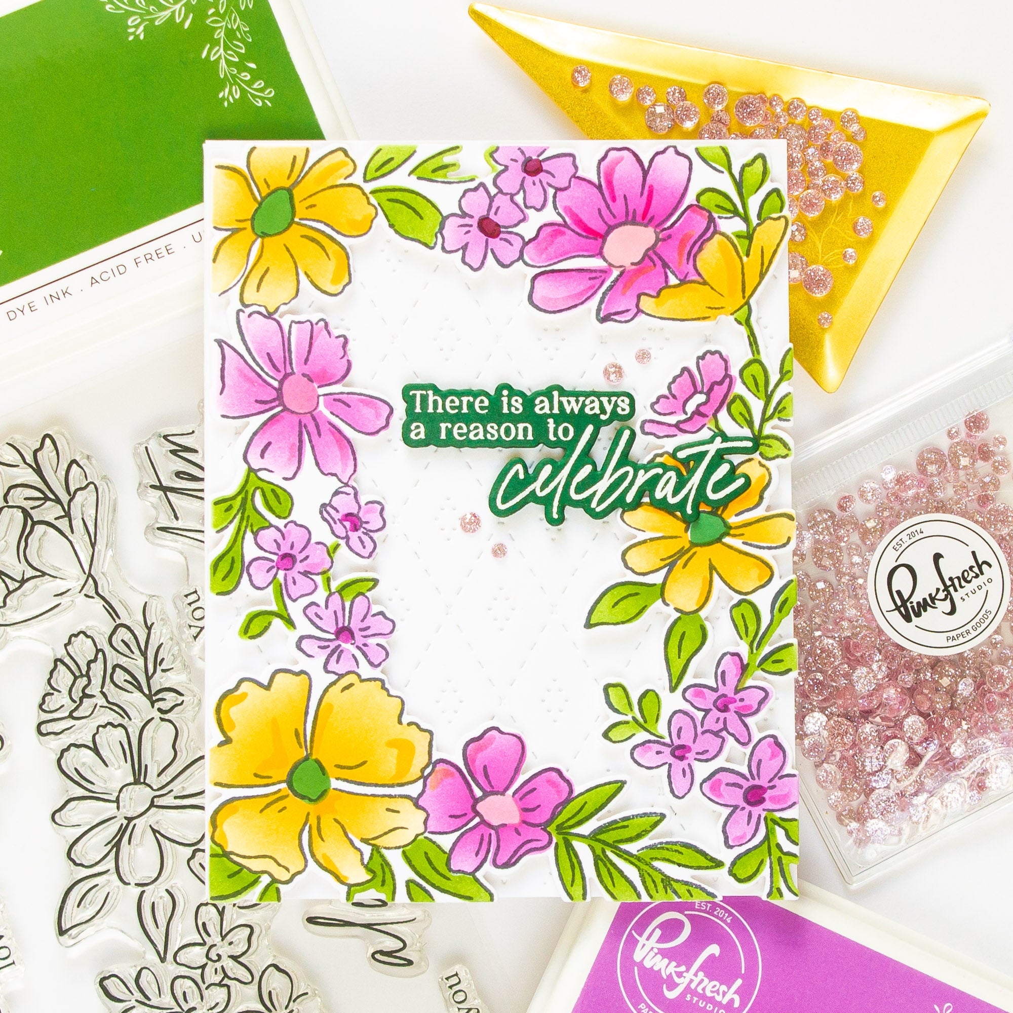 Pinkfresh Studio FLORAL BORDER Clear Stamp Stencel & Die Set 18pc