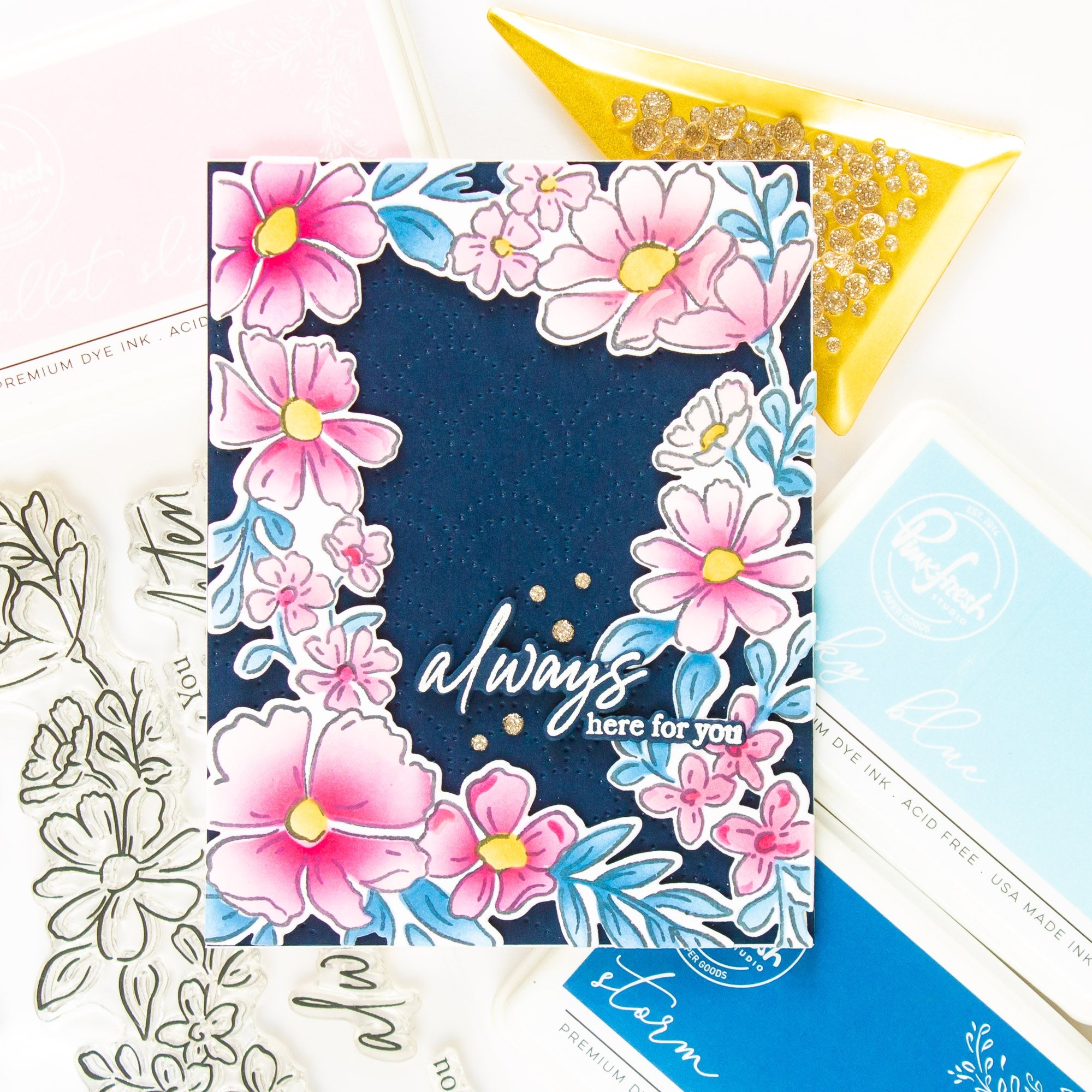 Pinkfresh Studio FLORAL BORDER Clear Stamp Stencel & Die Set 18pc