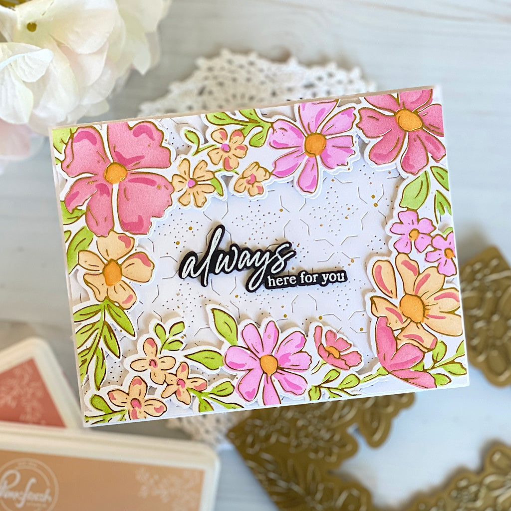 Pinkfresh Studio FLORAL BORDER Clear Stamp Stencel & Die Set 18pc