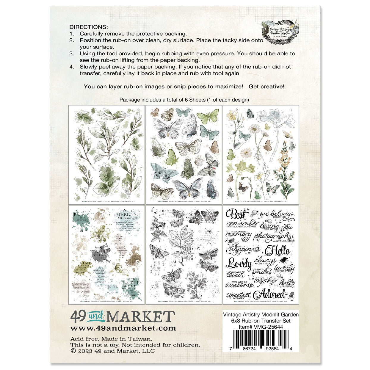 49 and Market Vintage Artistry Moonlit Garden RUB-ON TRANSFER SET 6”X8”