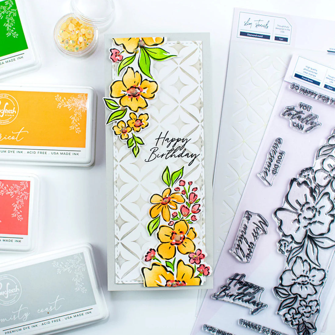 Pinkfresh Studio DIAMOND MOTIF Slim Crafting Stencil 1pc