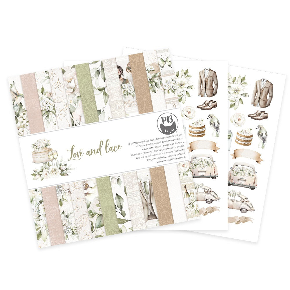 P13 LOVE AND LACE Wedding 12"X12" Designer Paper Pack 14pc