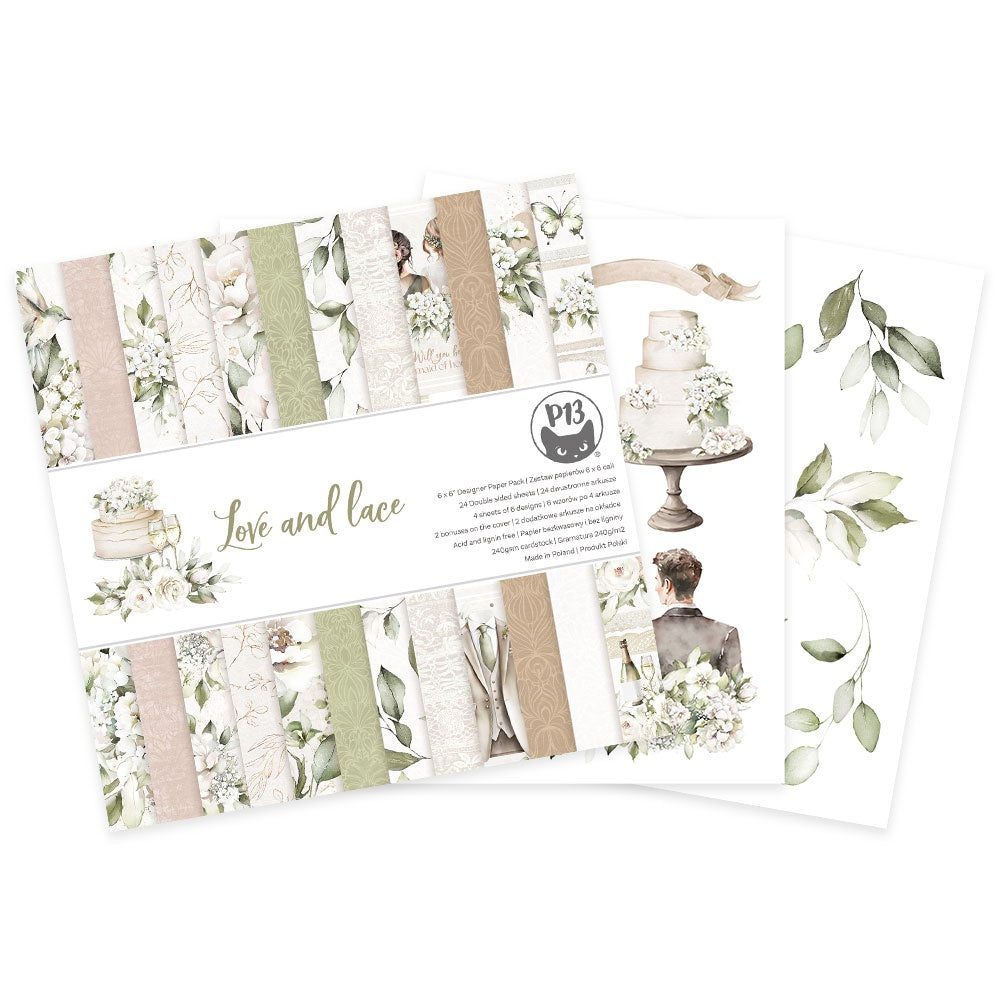 P13 LOVE AND LACE Wedding 6"X6" Designer Paper Pack 24pc