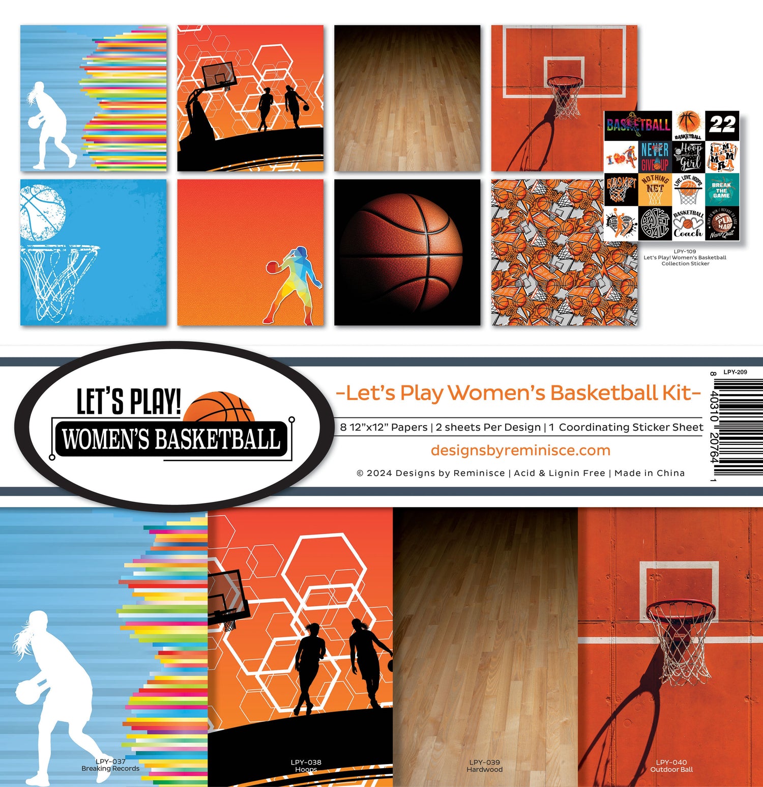 Reminisce LET’S PLAY WOMEN’S BASKETBALL KIT 12"X12" Scrapbook Paper 9pc