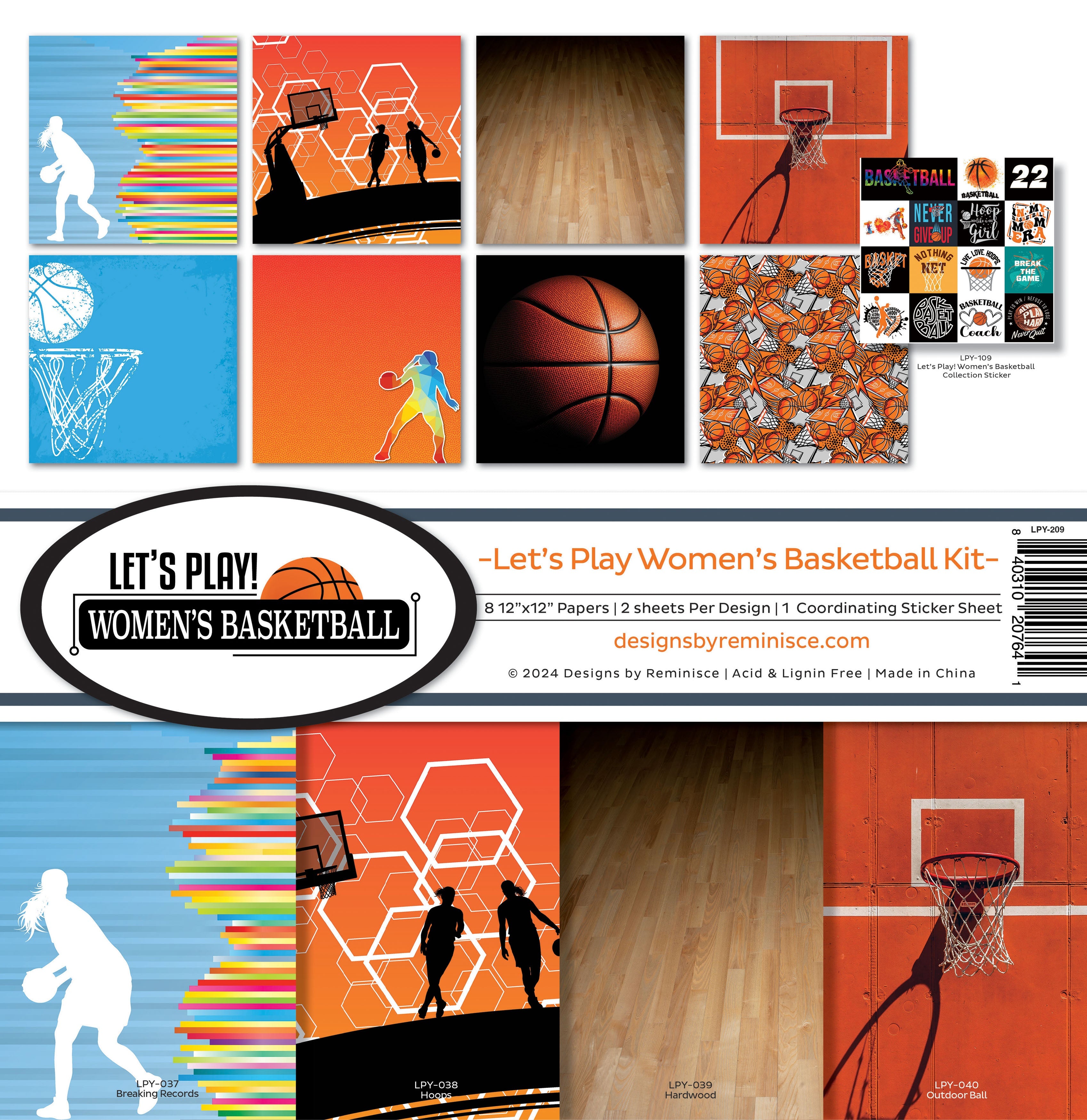 Reminisce LET’S PLAY WOMEN’S BASKETBALL KIT 12"X12" Scrapbook Paper 9pc