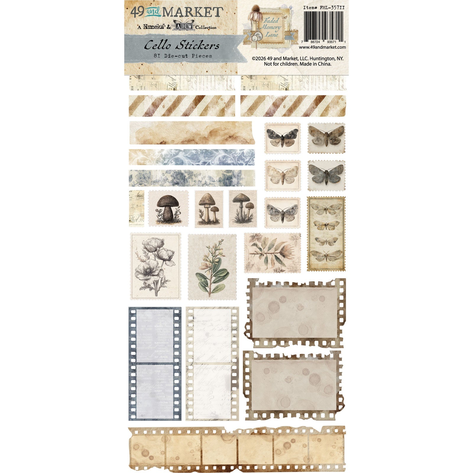 49 and Market FADED MEMORY LANE Cello Stickers 81pc