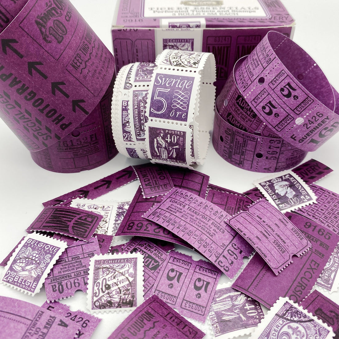 49 and Market Vintage Bits TICKET ESSENTIALS EGGPLANT Perforated Tickets &amp; Stamps 3 Rolls @Scrapbooksrus