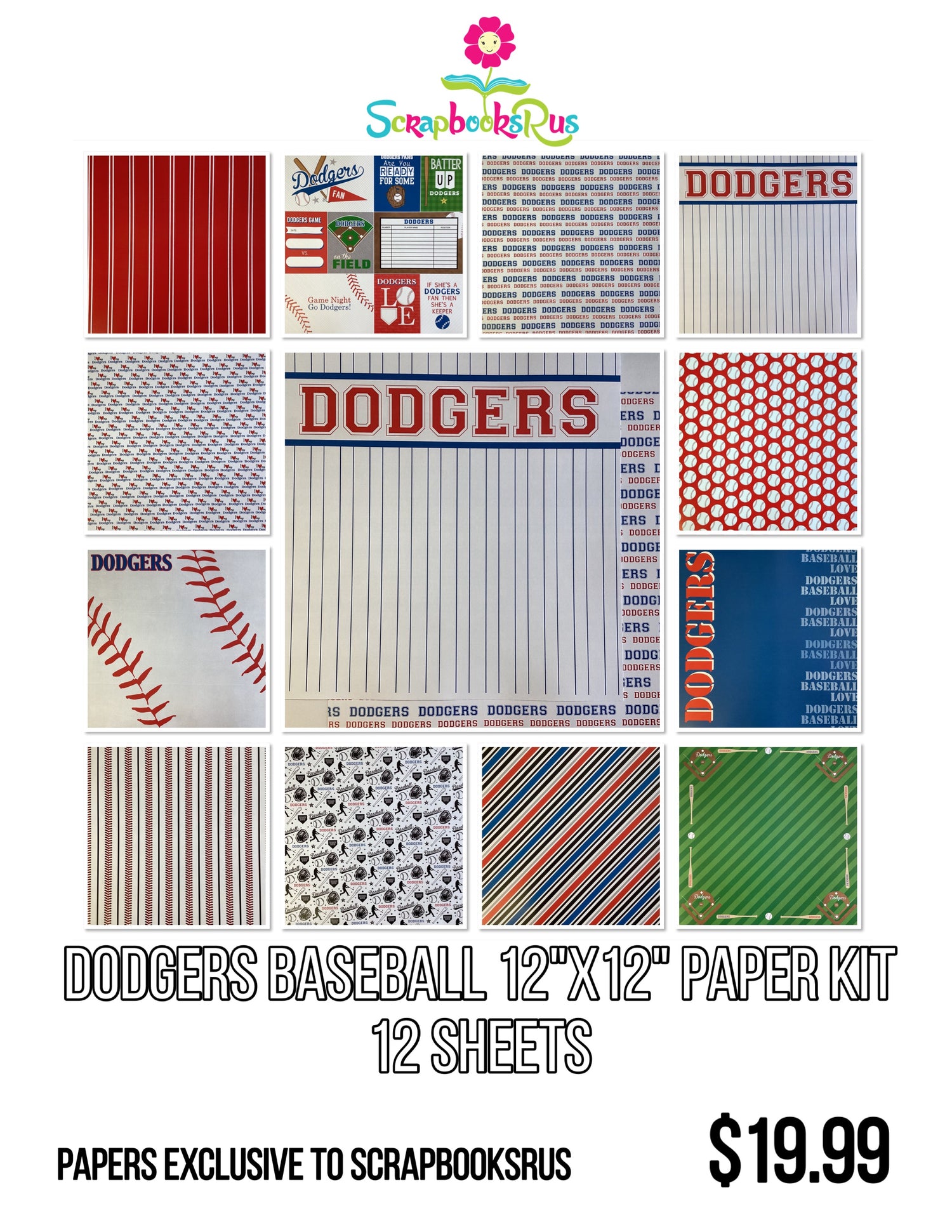 Scrapbooksrus DODGERS BASEBALL 12"X12" Scrapbook Paper Kit 12 Sheets