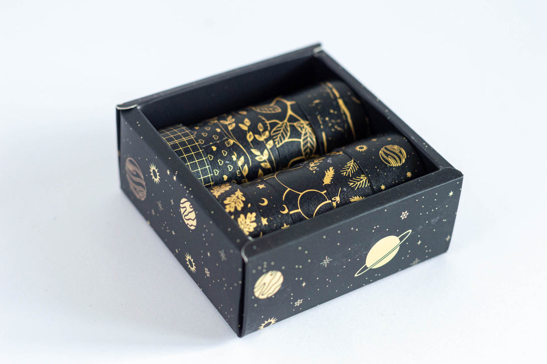 Assorted BLACK WITH GOLD FOIL WASHI TAPE Decorative 10pc