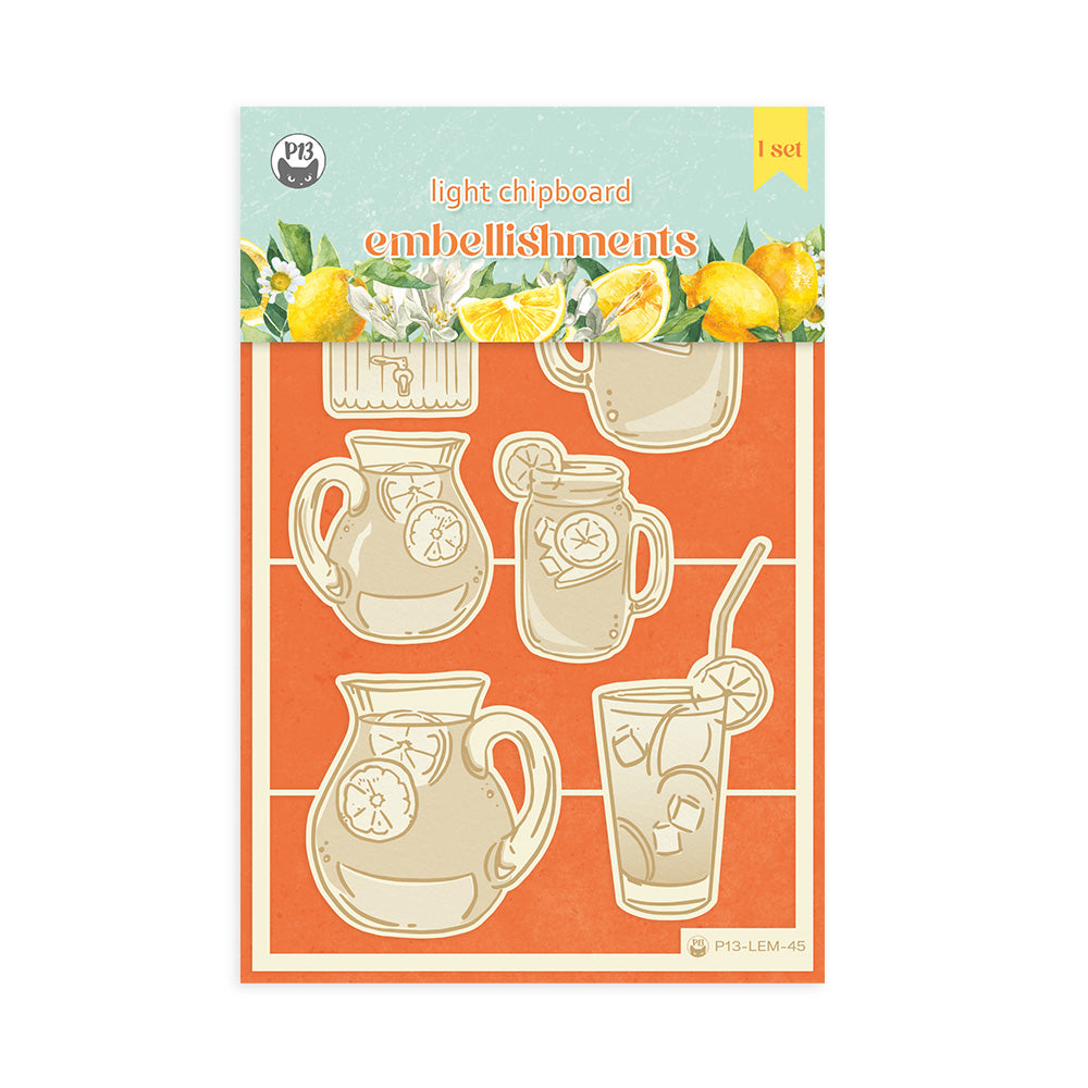 P13 Fresh Lemonade LEMON JARS GLASSES Light Chipboard Embellishments Set45