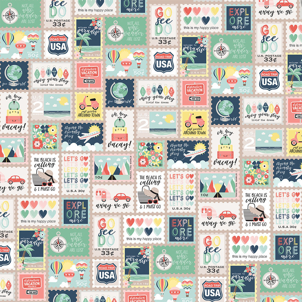 Echo Park Away We Go DESTINATION STAMPS 12"X12" Scrapbook Paper