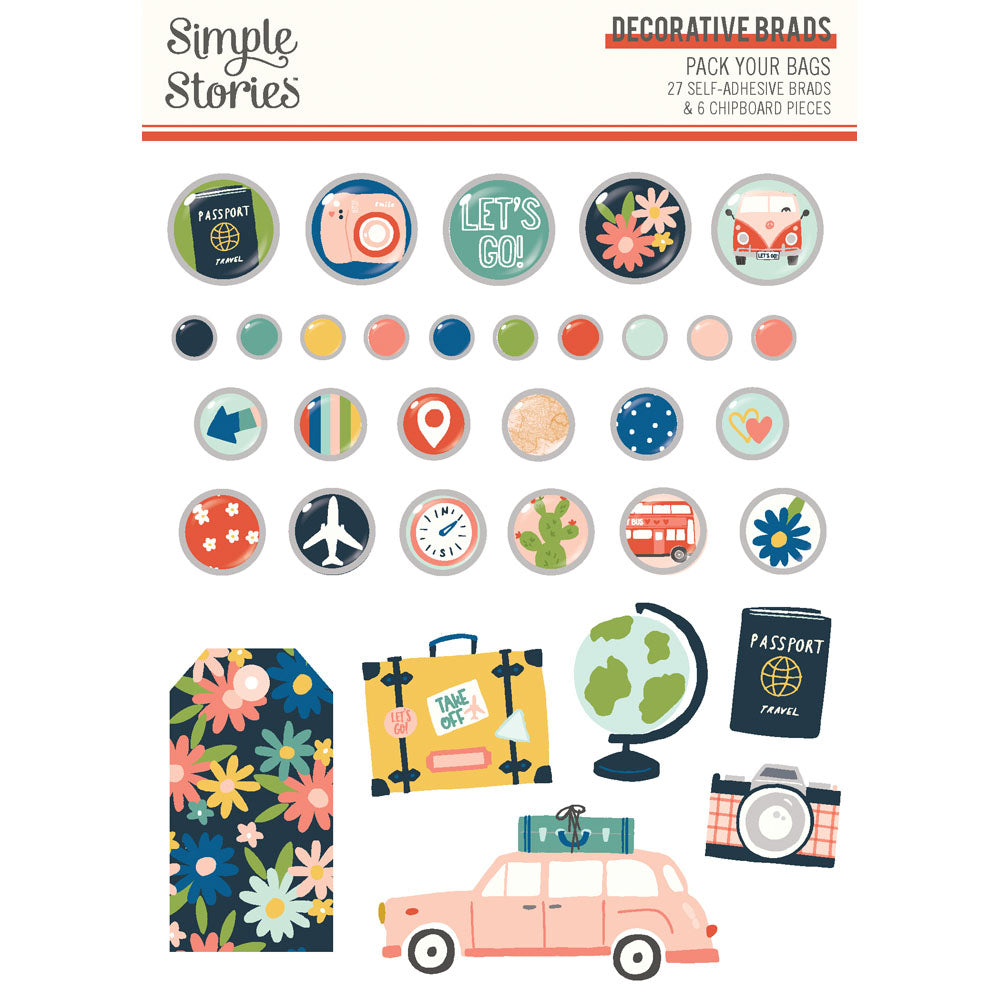 Simple Stories PACK YOUR BAGS DECORATIVE BRADS 33pc