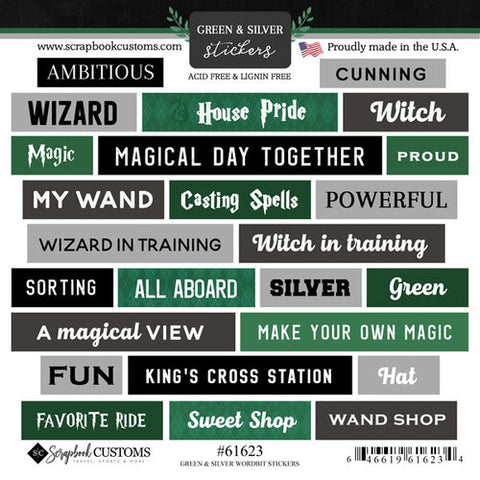Wizarding World 6X6 GREEN & SILVER WORDBIT Harry Potter Sticker 25pc