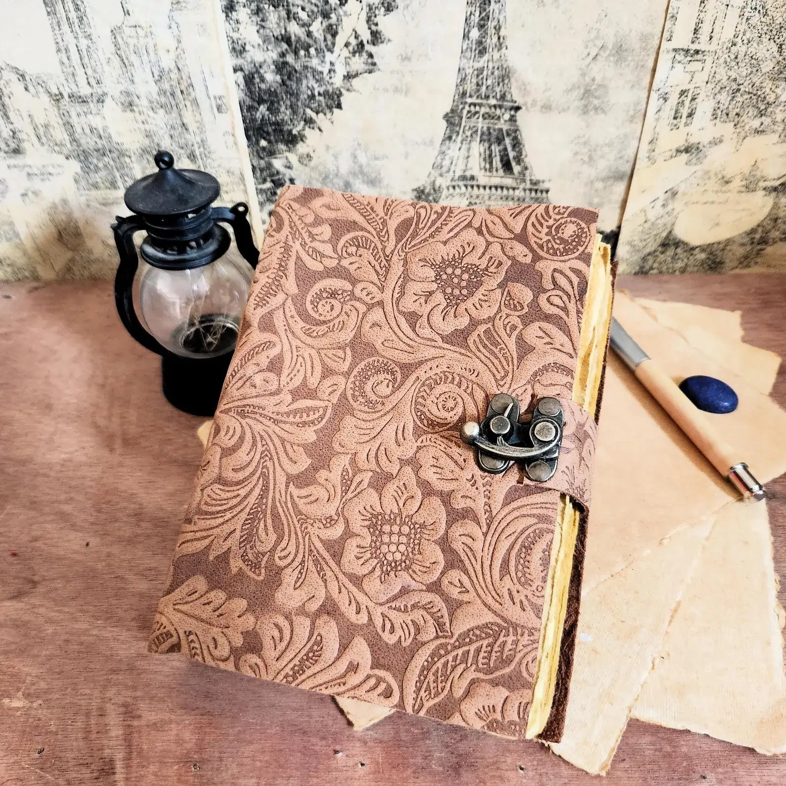 Soft Leather Journal PAISLEY FLORAL Handmade Brown Lock Diary A7