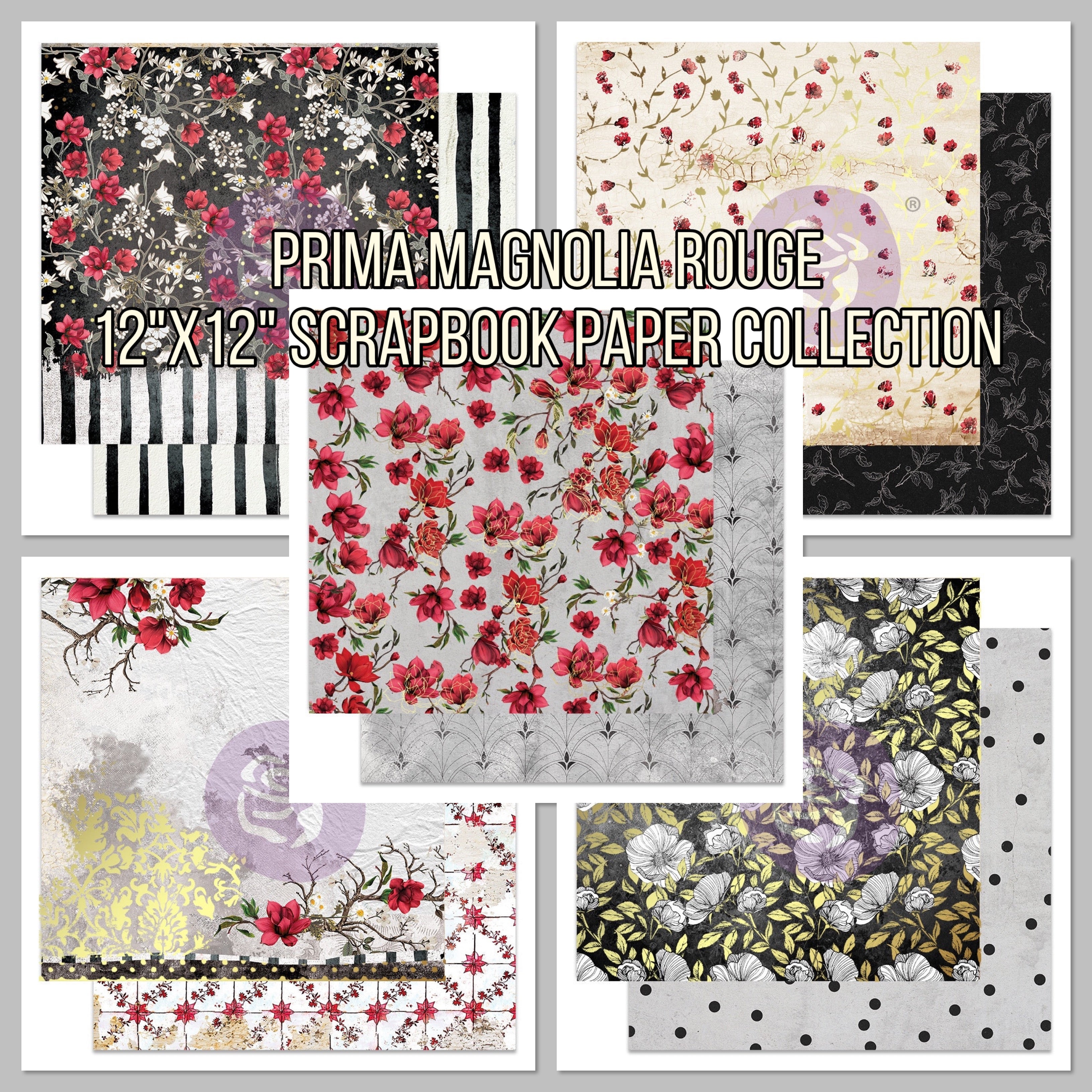 Prima MAGNOLIA ROUGE 12"X12" Scrapbook Paper Collection