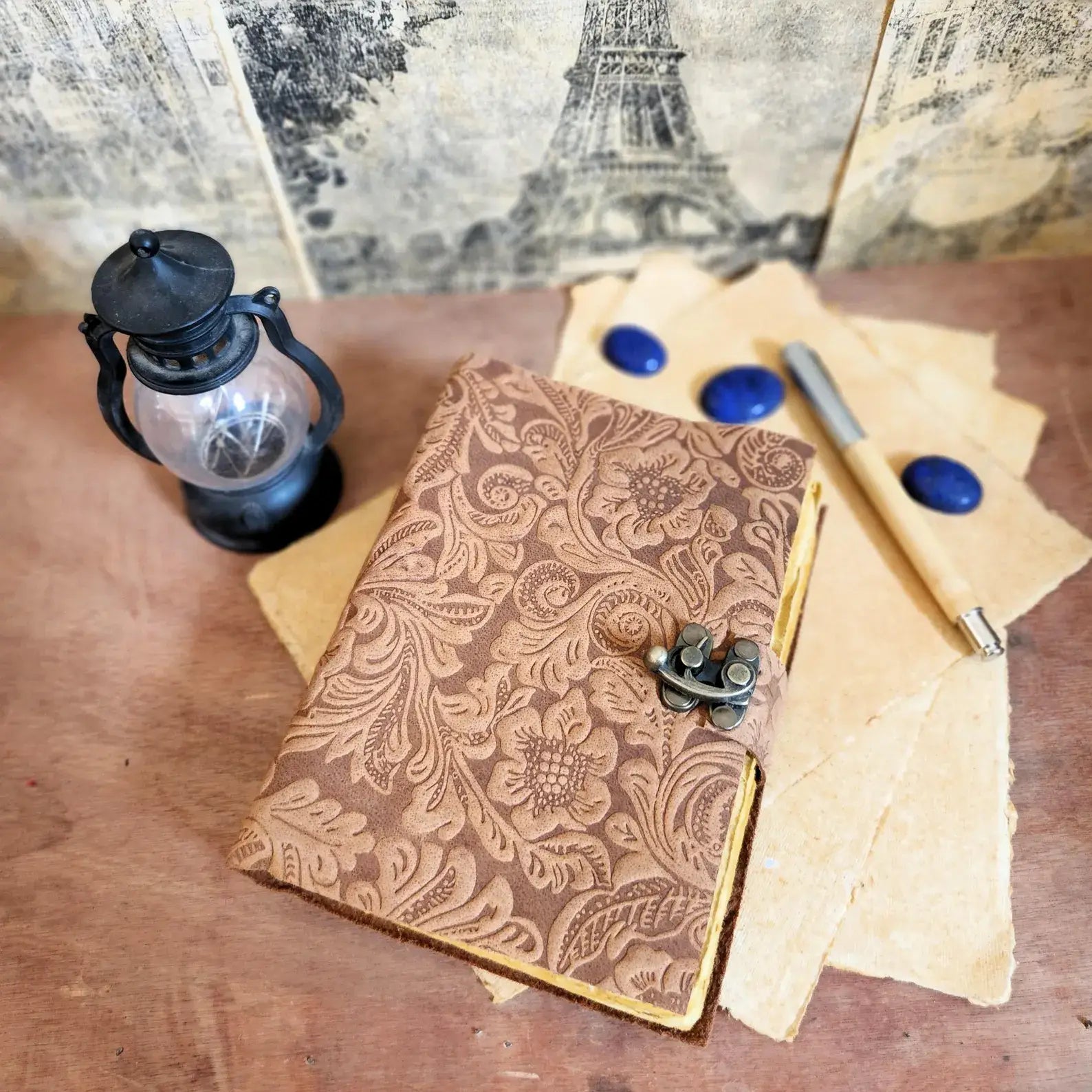 Soft Leather Journal PAISLEY FLORAL Handmade Brown Lock Diary A7