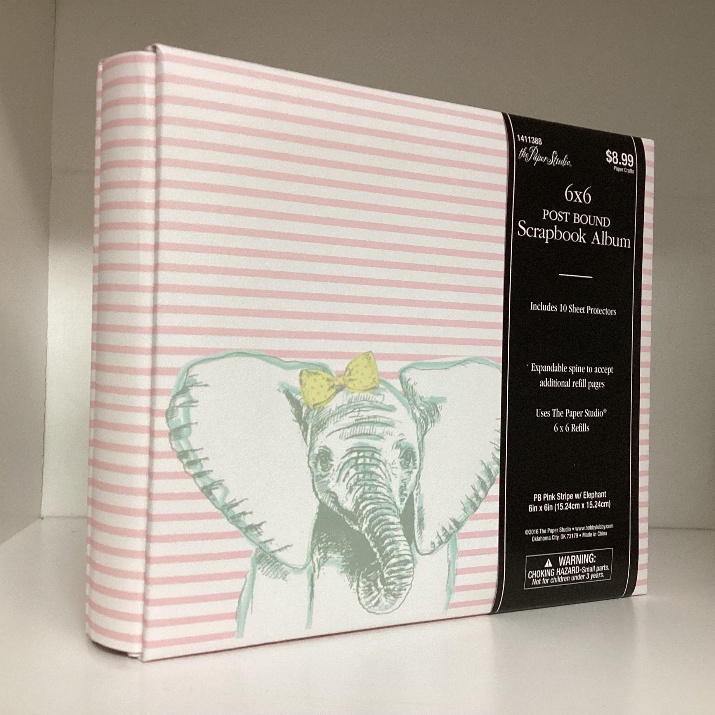 The Paper Studio PB PINK STRIPE ELEPHANT 6"X6" Post Bound Scrapbook Album