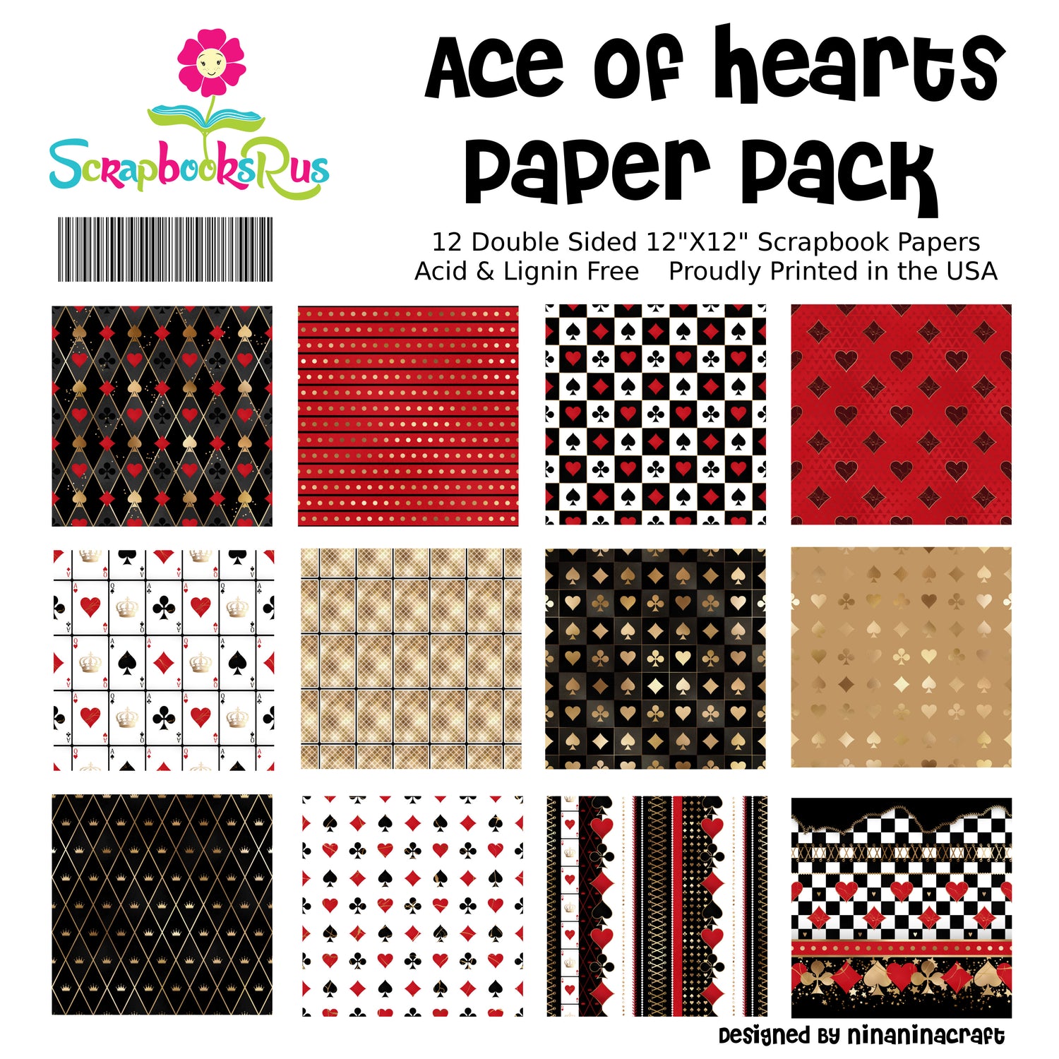 Scrapbooksrus ACE OF HEARTS PACK 12pc 12"X12" Scrapbook Paper