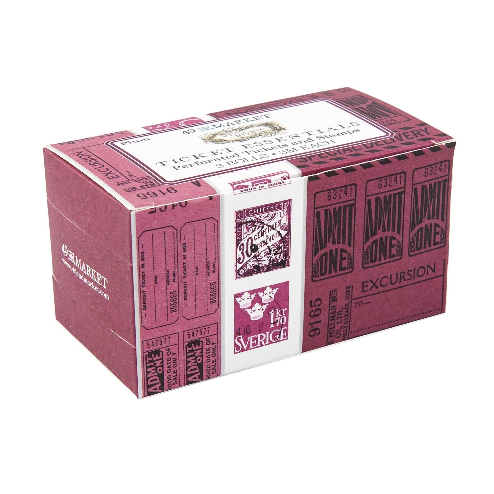 49 and Market Vintage Bits TICKET ESSENTIALS PLUM Perforated Tickets & Stamps 3 Rolls @Scrapbooksrus