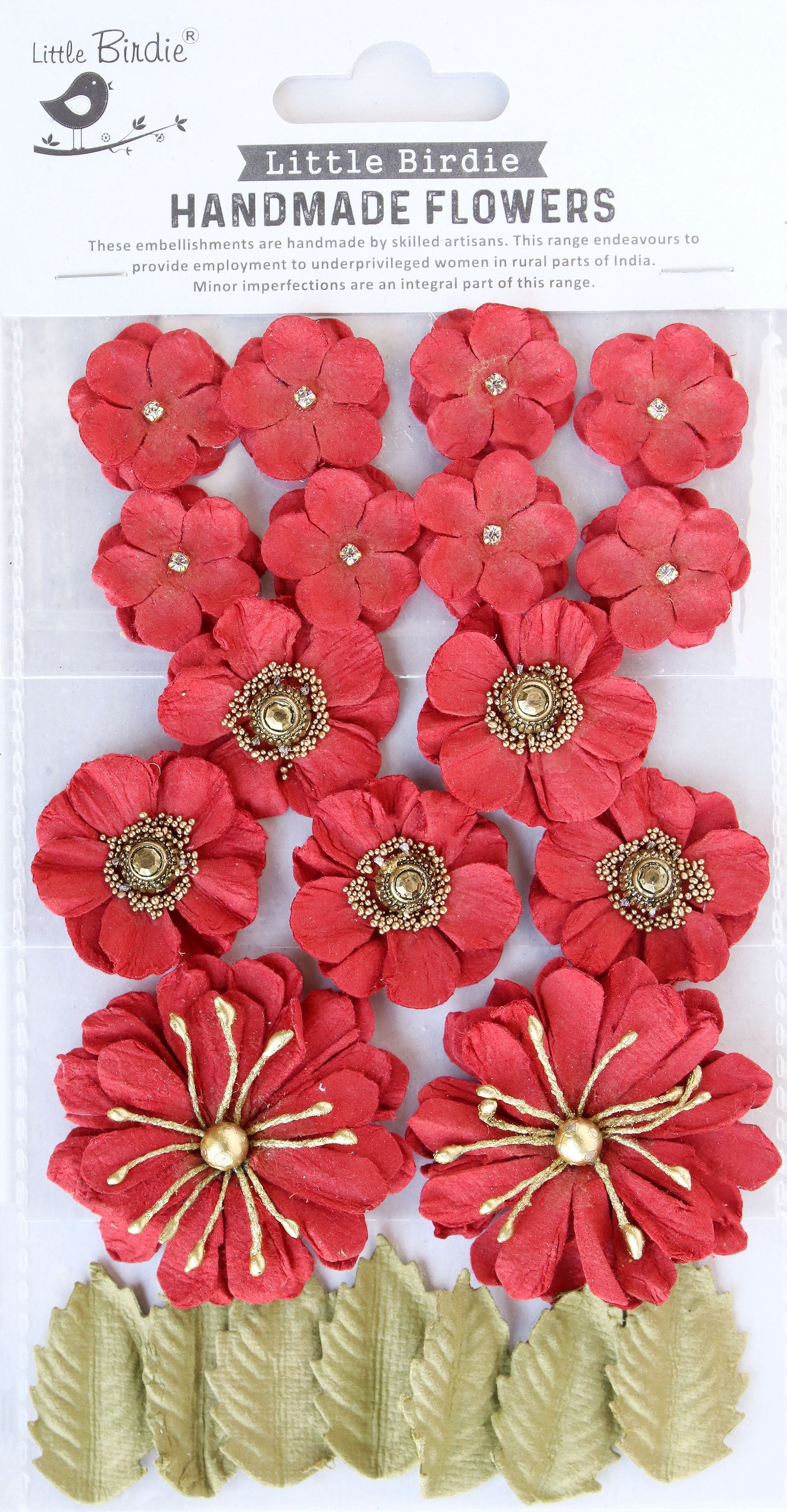 Red and gold handmade flowers with leaves on a Little Birdie packaging.