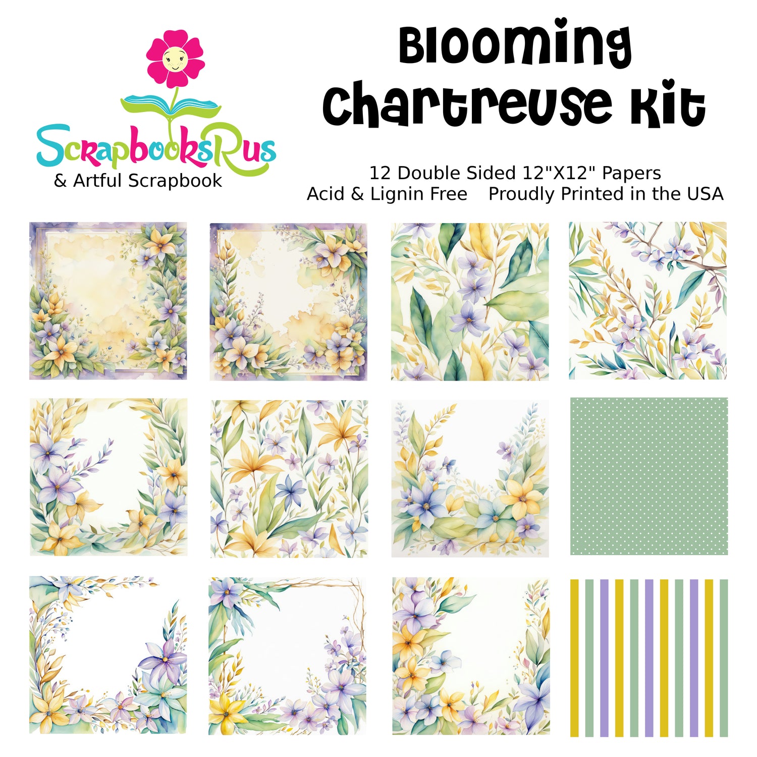 Scrapbooksrus BLOOMING CHARTREUSE KIT 12pc 12"X12" Scrapbook Paper