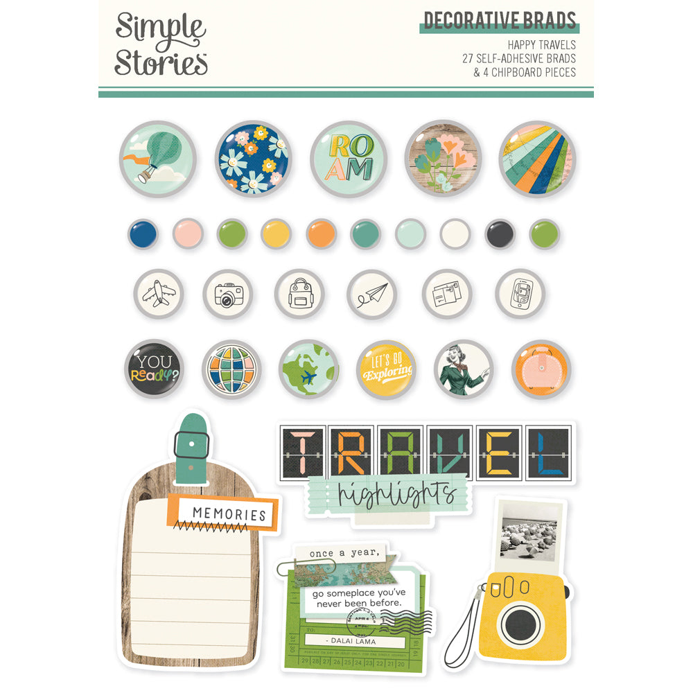 Simple Stories HAPPY TRAVELS DECORATIVE BRADS 31pc