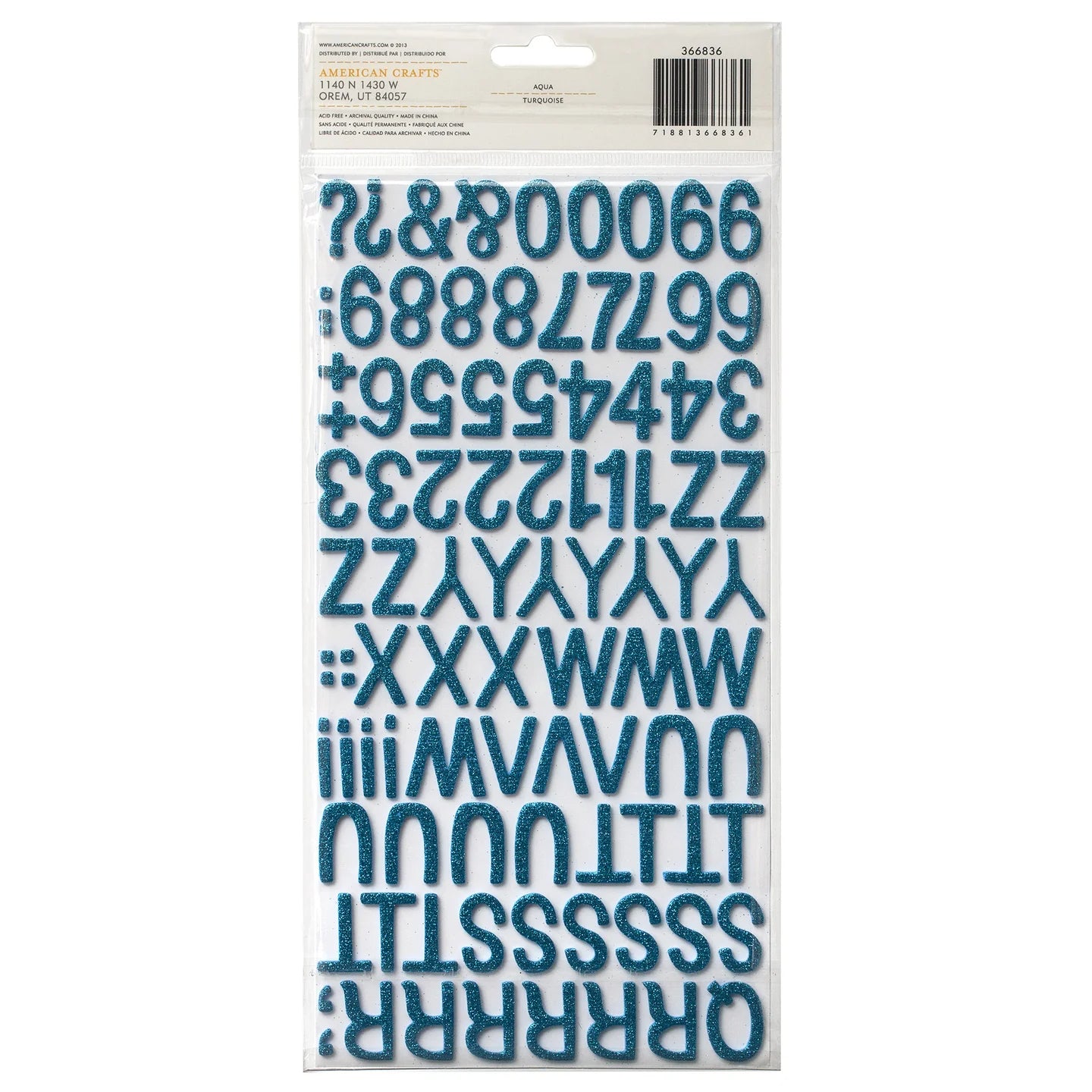 Packaging of blue letter and number stickers on a white background
