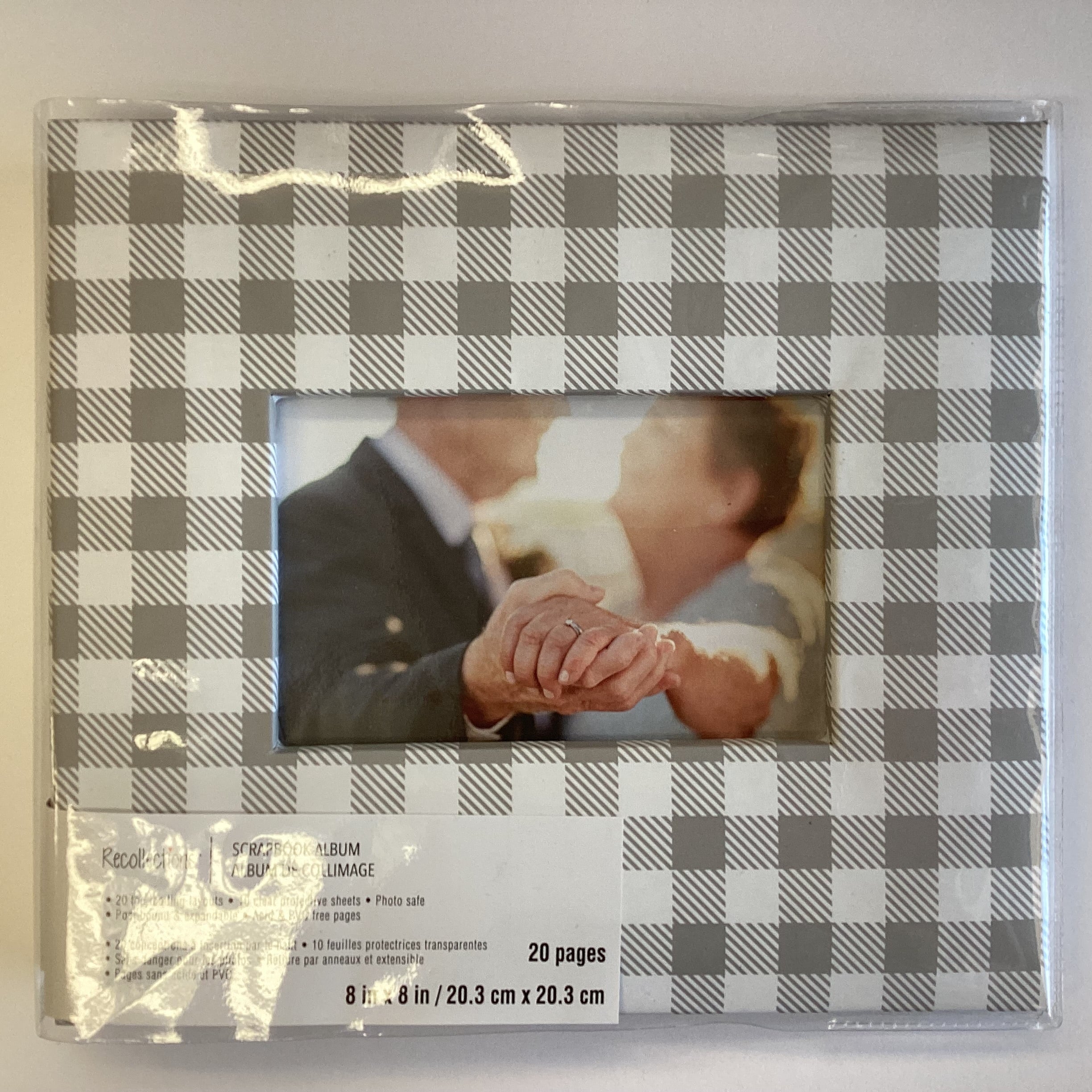 Postbound Album GRAY WHITE PLAID Frame 8"X8" Scrapbook Memory Book