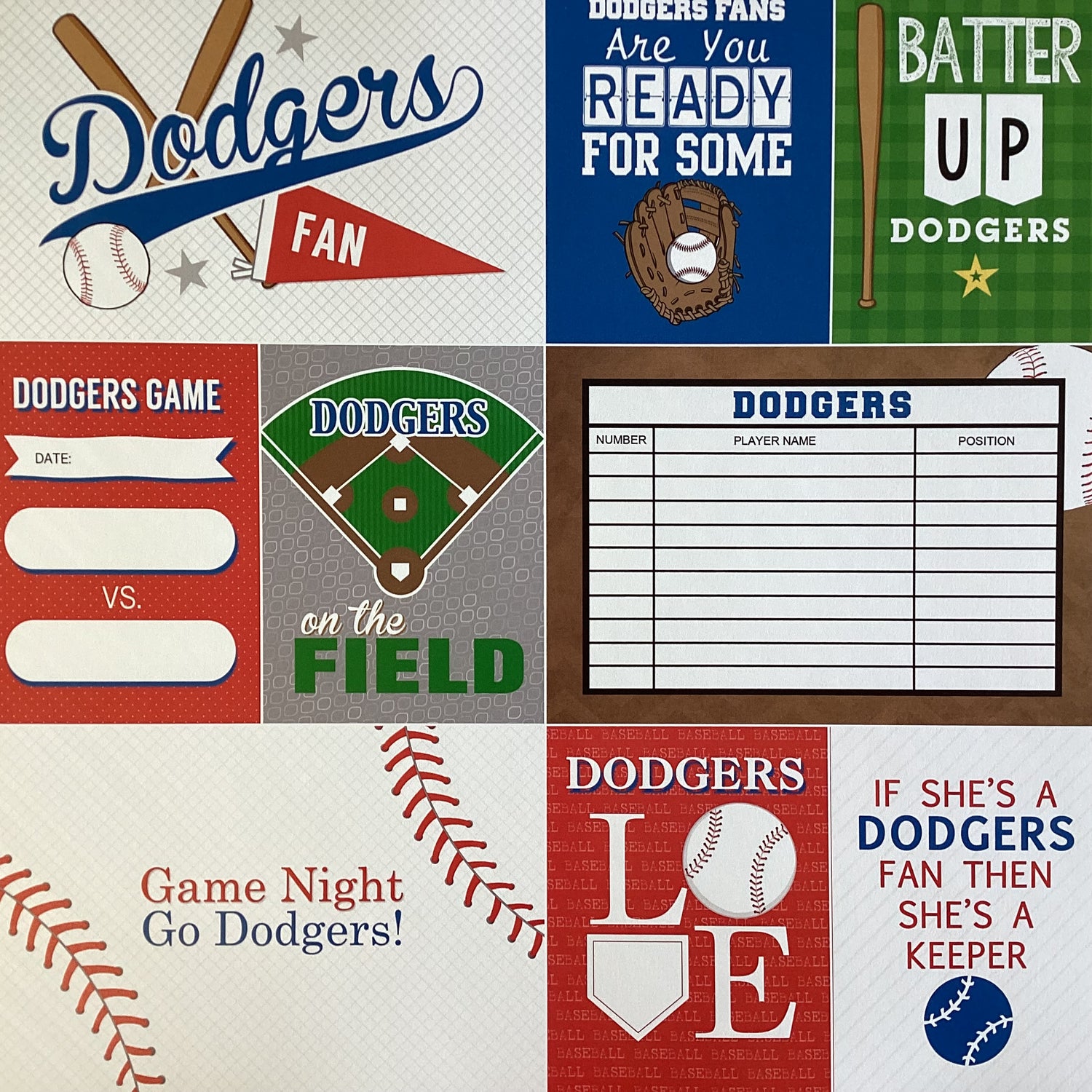 Scrapbooksrus DODGERS BASEBALL 12"X12" Scrapbook Paper Kit 12 Sheets