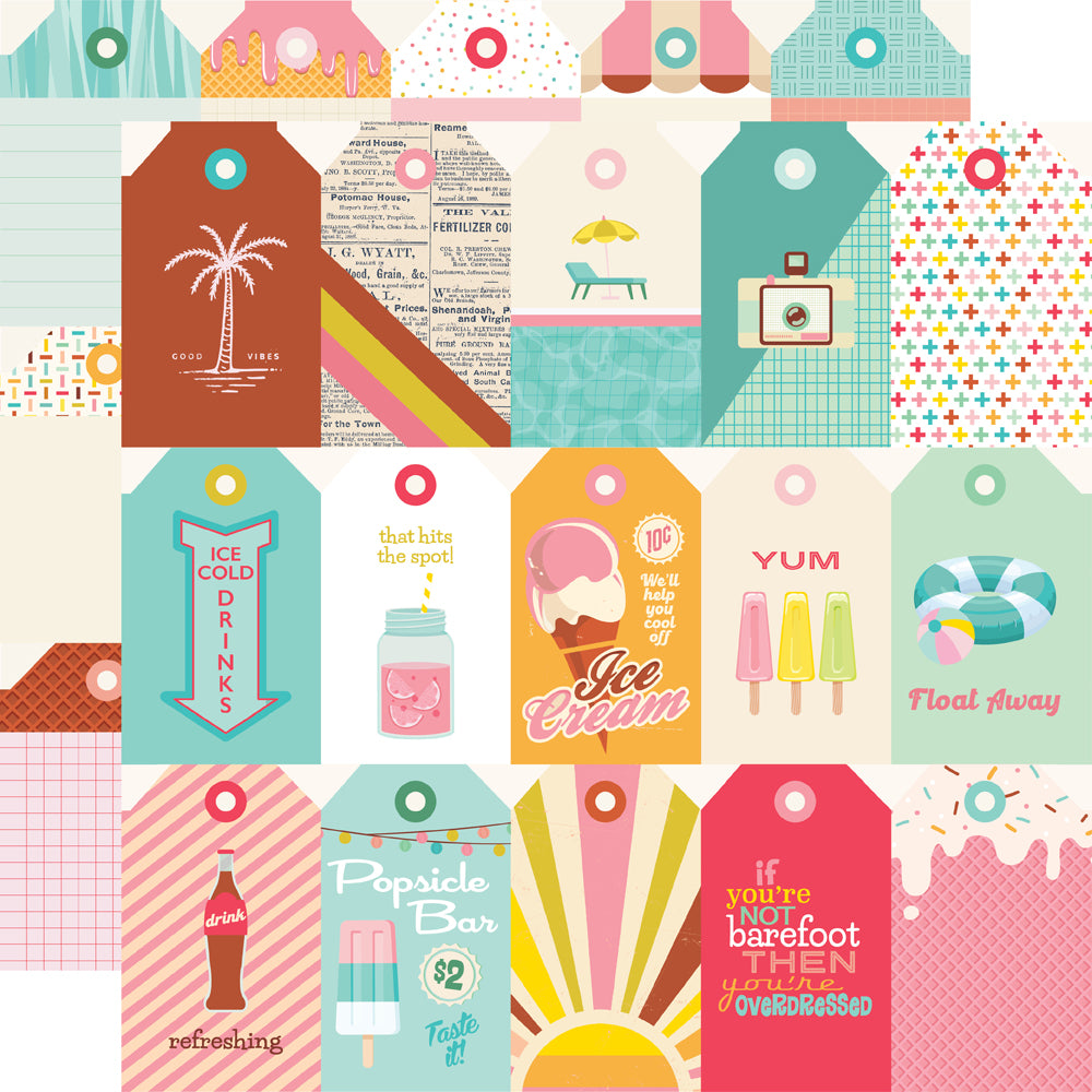 Simple Stories Retro Summer TAG ELEMENTS 12”X12” Scrapbook Paper